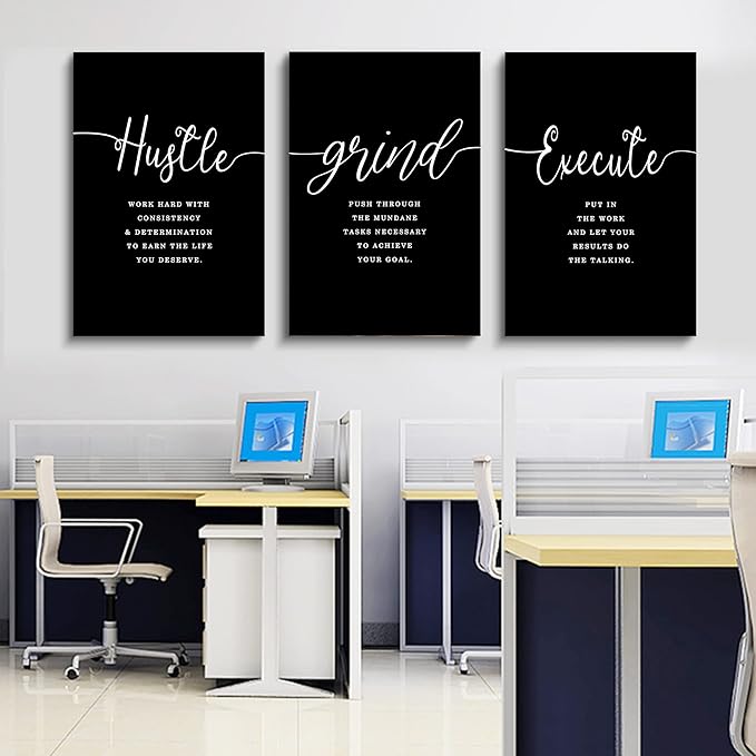 Hustle Quotes Execute Prints, Framed Canvas Wall Art Success Quote, Office Wall Art, Black Large Poster, Positive Motivational Set of 3 Prints, Boss Gift (F-3pcs,20x30inchx3pcs)-StrideForce Fitness