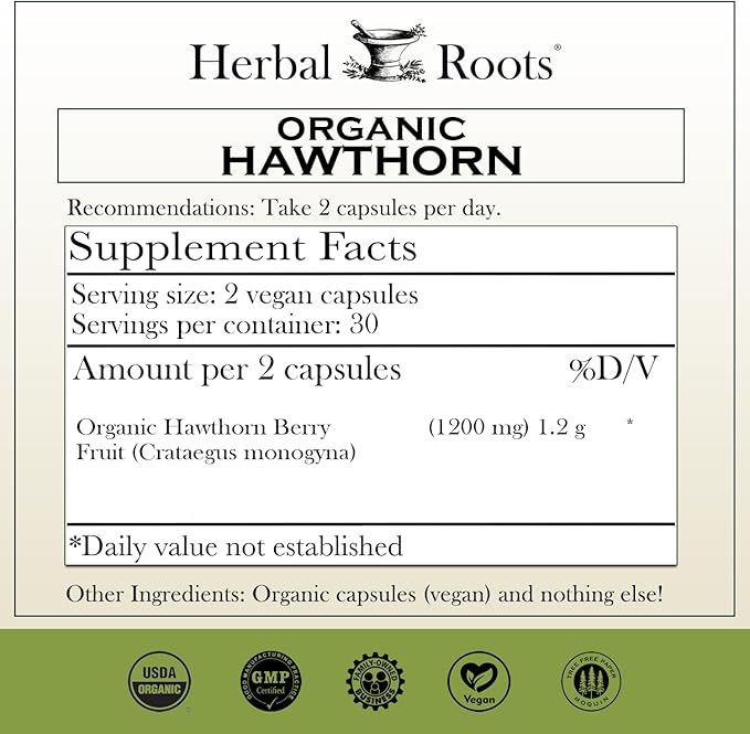 Herbal Roots Organic Hawthorn Berry Capsules | Extra Strength 1,200mg per Serving | 60 Vegan Capsules-StrideForce Fitness