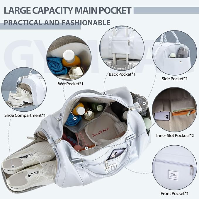 FIORETTO Womens Gym Tote Duffle Bag with Wet Pocket & Shoe Compartment, Sports Duffel Overnight Weekender Hospital Workout Carry on Bag for Girls, Ideal for Travel, Swimming, Dance, Ballet Grey-StrideForce Fitness