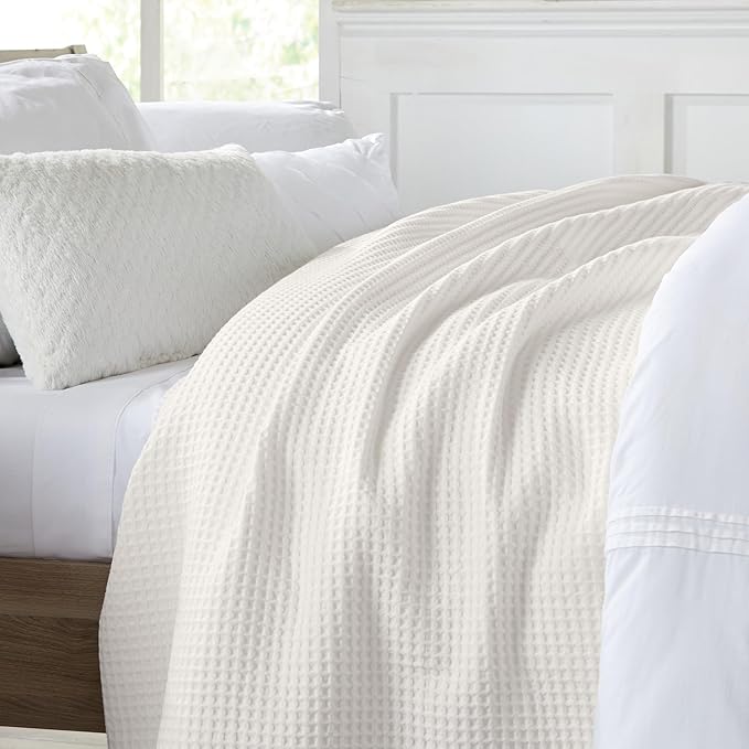 100% Cotton Waffle Weave Queen Bed Blanket | Soft, Breathable, and Lightweight Blanket for All-Seasons | Perfect for Layering | Brielle Collection (King, Ivory)-StrideForce Fitness