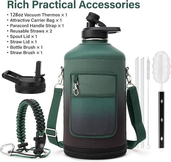 1 Gallon Water Bottle Insulated | Thickened Stainless Steel Vacuum Metal Water Jug | Portable Sports Large for Gym and Hiking with Straw, Carrier Bag, Handle Strap | BPA-Free 128 oz-StrideForce Fitness