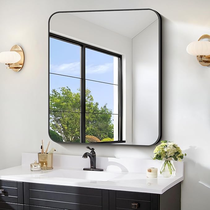 FORBATH Bathroom Mirror 30" x 36", Rectangle Black Bathroom Mirror with Black Aluminum Frame Rounded Corner, Wall Mounted Mirror for Bedroom Entryway Living Room-StrideForce Fitness