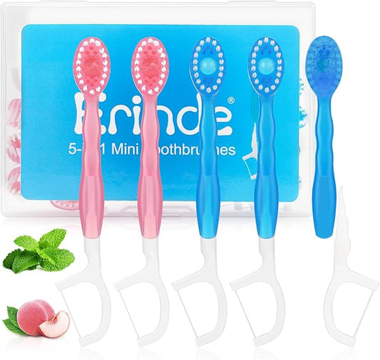 Erinde 5 in 1 Mini Disposable Toothbrushes with Toothpaste + Tongue Scraper + Picks + Floss Travel Case, Prepasted Travel Toothbrushes Pick for Work or Travel, Soft Brushes, 12 Count (Mint & Peach)