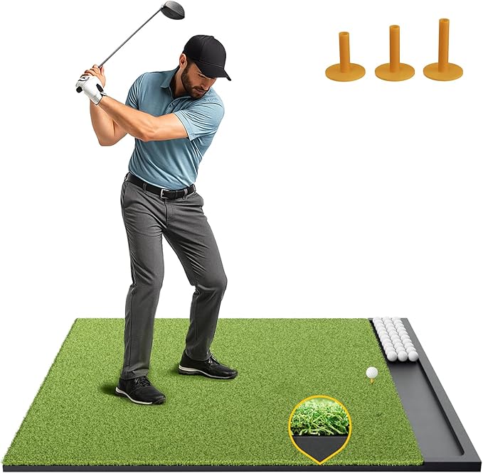 Golf Hitting Mat with Ball Tray, 5x4 & 6x4 ft, 26mm/31mm Thick, Standard & Alignment Line Options, Premium Golf Practice Mat for Indoor Outdoor Swing & Chipping-StrideForce Fitness