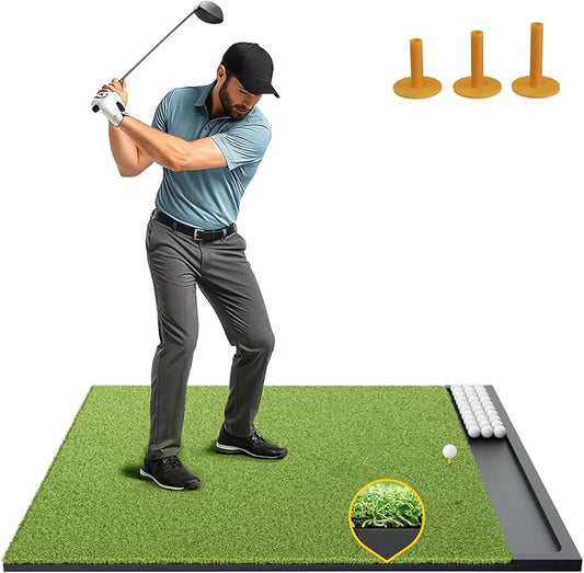 Golf Hitting Mat with Ball Tray, 5x4 & 6x4 ft, 26mm/31mm Thick, Standard & Alignment Line Options, Premium Golf Practice Mat for Indoor Outdoor Swing & Chipping-StrideForce Fitness