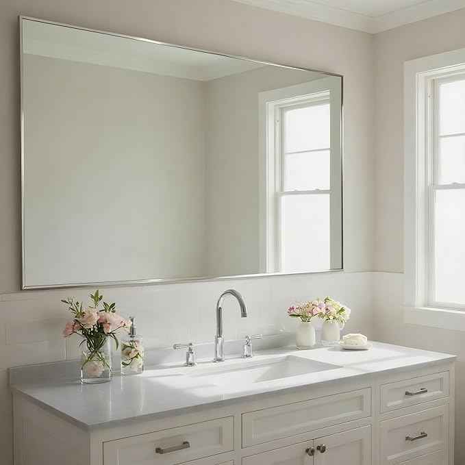 27x40 Inch Nickel Bathroom Mirror for Wall, Aluminum Frame Rectangle Rectangular Vanity Mirror, Modern Large for Bedroom, Living Room, Horizontal or Vertical-StrideForce Fitness
