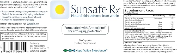 Sunsafe Rx Anti Aging Supplement: Natural Skin Protection Pills with Antioxidants for a Youthful Appearance & Eye Health + Vitamins, Minerals, & 250mg Polypodium Leucotomos (30 Capsules)-StrideForce Fitness