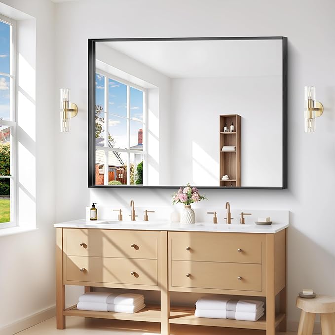 Black Bathroom Mirror, 36x48 Inch Rectangular Deep Frame Mirror, Large Wall Mounted Bathroom Vanity Mirror Over Sink for Bedroom,Restroom, Living Room, Hangs Vertically or Horizontally-StrideForce Fitness