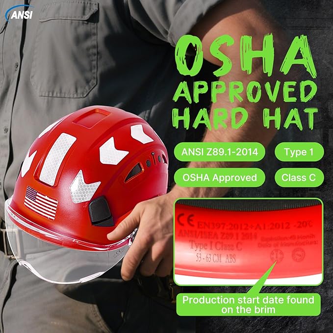 AOLAMEGS Construction Safety Hard Hat - ANSI Z89.1 Type Ι OSHA Approved Safety Helmets with Chin Straps Lightweight Reflective Vented ABS Hard Hats For Men Women Industrial Workwear 6-point Suspension-StrideForce Fitness