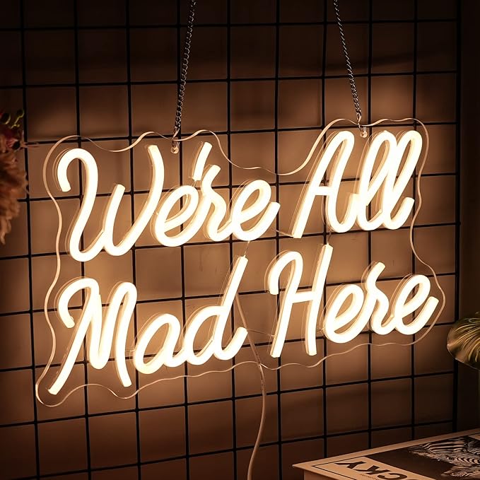 We Are All Mad Here Neon Sign Letter LED Neon Lights Dimmable USB Powered 16.5’’X9.4’’Cool Wall Decorative Light Bedroom Bar Birthday Party Decoration Gifts （Warm White）-StrideForce Fitness