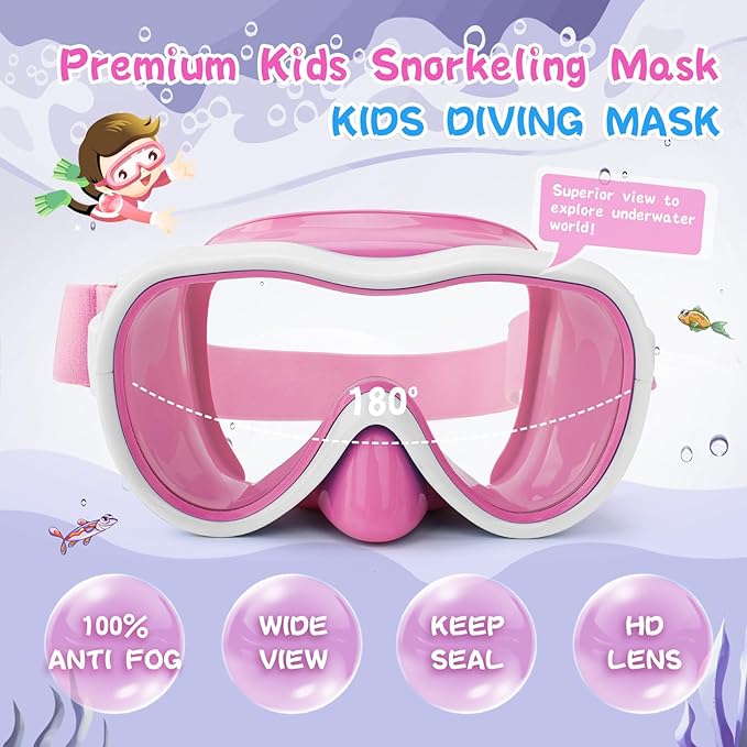 Kids Swim Goggles 180° Snorkel Diving Mask with Nose Cover, Anti-Fog Kids Swimming Goggles with Elastic Fabric Strap for Kids Boys Girls-StrideForce Fitness