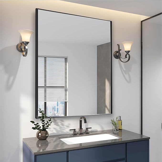 24x30 Inch Black Bathroom Mirror for Wall, Aluminum Frame Rectangle Rectangular Vanity Mirror, Modern Large for Bedroom, Living Room, Horizontal or Vertical-StrideForce Fitness