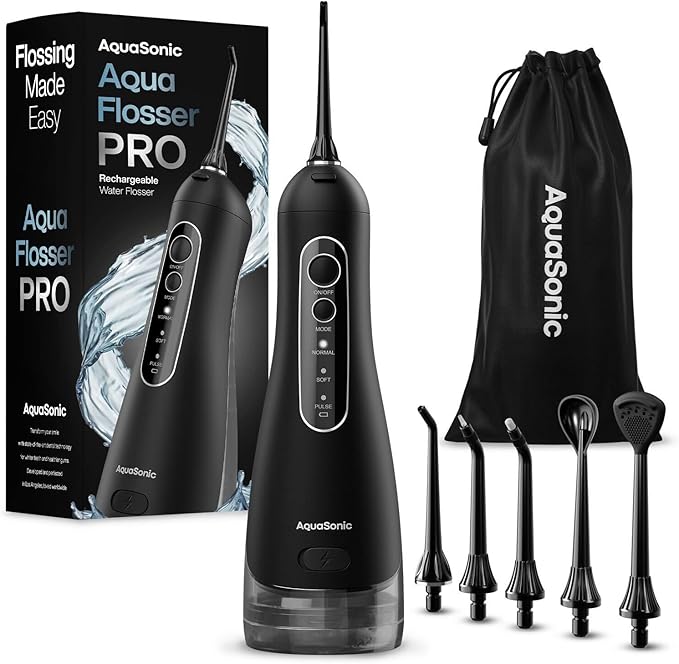 AquaSonic Aqua Flosser PRO - Rechargeable Cordless Water Flosser for Teeth, Gums & Tongue - Modern Design, 300ml Large Tank, 6 Jet Tips with Deluxe Tongue Nozzle, 3 Modes, Waterproof Black