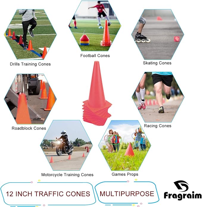 12 Inch Traffic Training Cones, Plastic Safety Parking Cones, Agility Field Marker Cones for Soccer Basketball Football Drills Training, Outdoor Sport Activity & Festive Events - 6 Colors-StrideForce Fitness