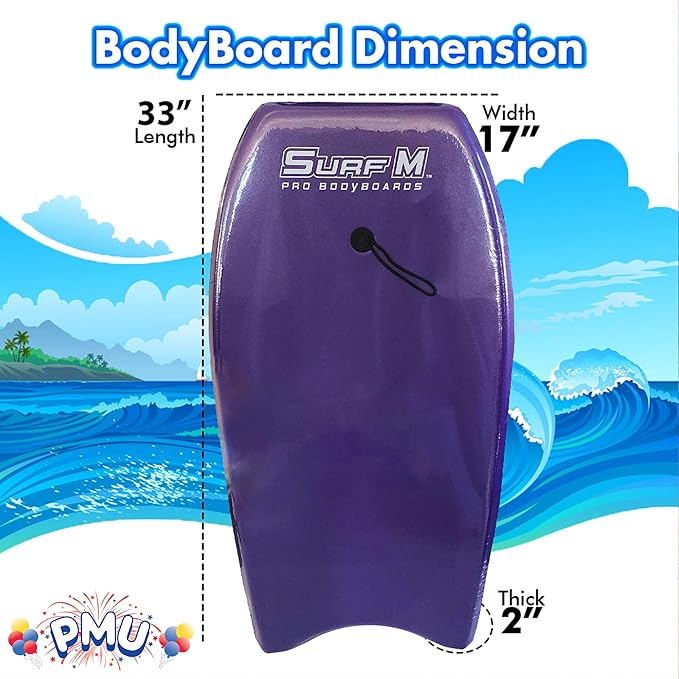 PMU 33 Inch Purple Bodyboard - Lightweight Wrist Leash, Slick Bottom Boards for Beach, Sea & Pool - Surfing Board for Kids, Teens & Adults Wave Conditions Pkg/1-StrideForce Fitness