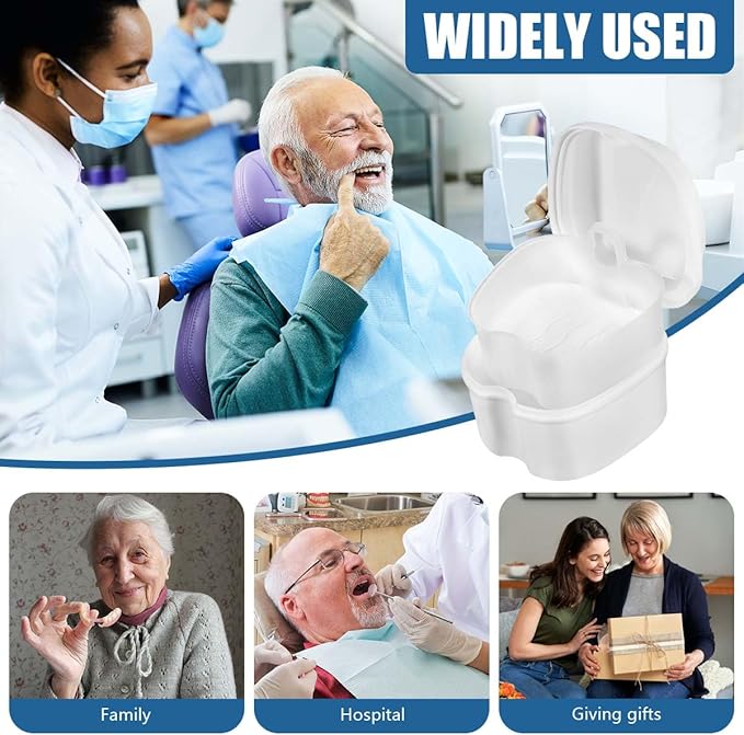 White Denture Bath Case Cup Box Holder Storage Container with Denture Cleaner Brush Strainer Basket for Travel Cleaning