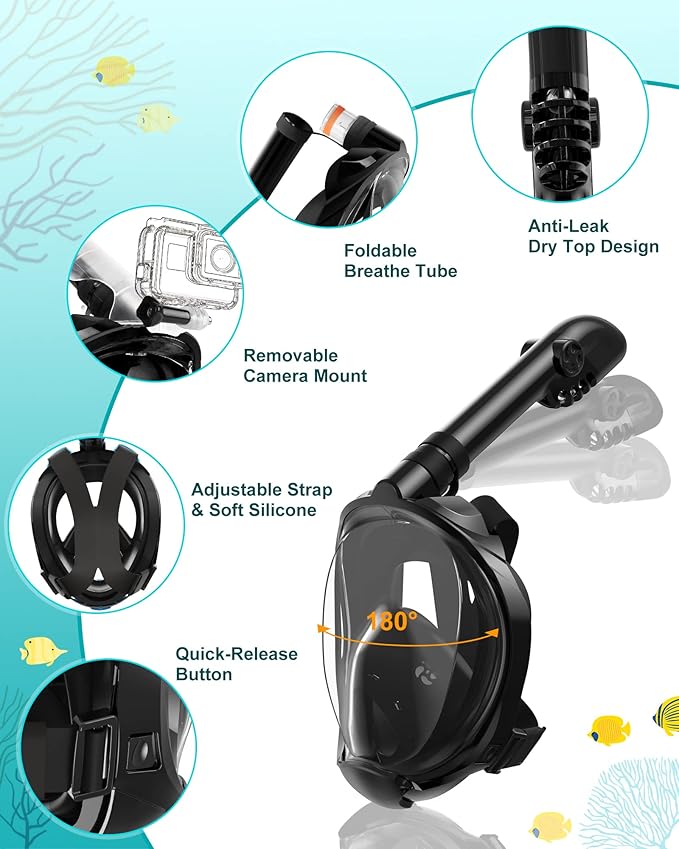 Mask Fins Snorkeling Gear for Adults, Full Face Snorkel Mask & Adjustable Swim Fins Snorkel Set, Panoramic View Snorkel Mask Dry Top Anti-Fog Anti-Leak-StrideForce Fitness