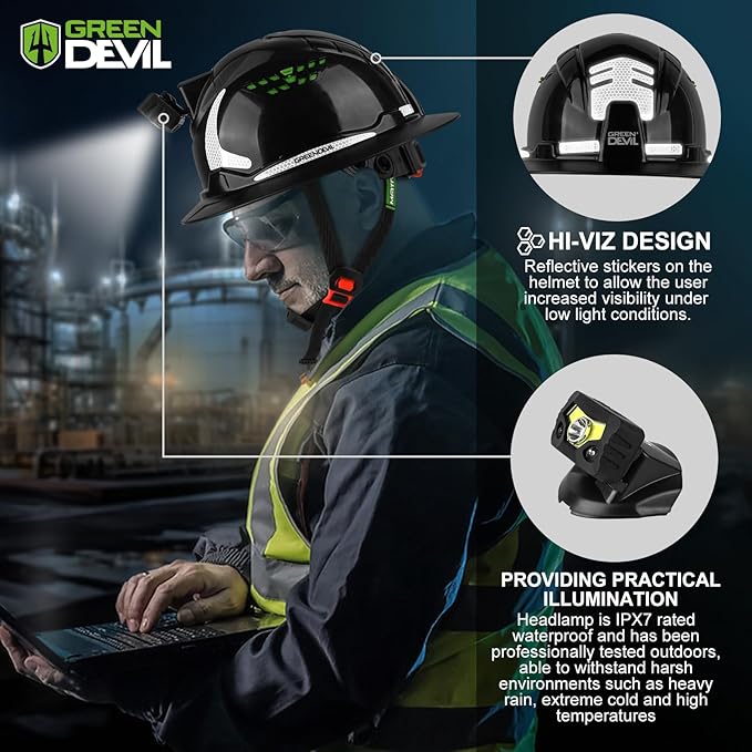GREEN DEVIL Matrix Full Brim Hard Hat with Headlight Vented Construction Safety Helmet OSHA Approved Cascos De Construccion Work Hardhat for Men&Women-StrideForce Fitness