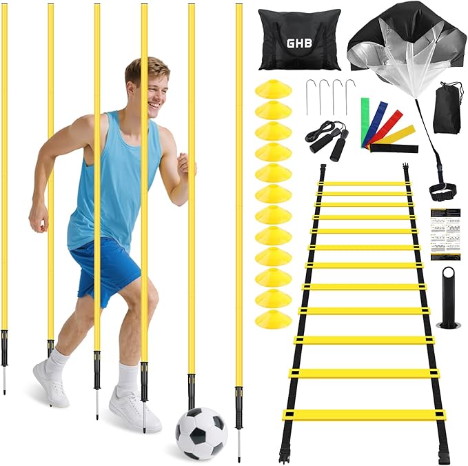 GHB Soccer Agility Training Equipment, 6 Agility Poles, 20ft Speed Ladder, 12 Disc Cones, Resistance Parachute, Jump Rope, 5 Resistance Bands, Soccer Training Poles for Speed Agility Training-StrideForce Fitness