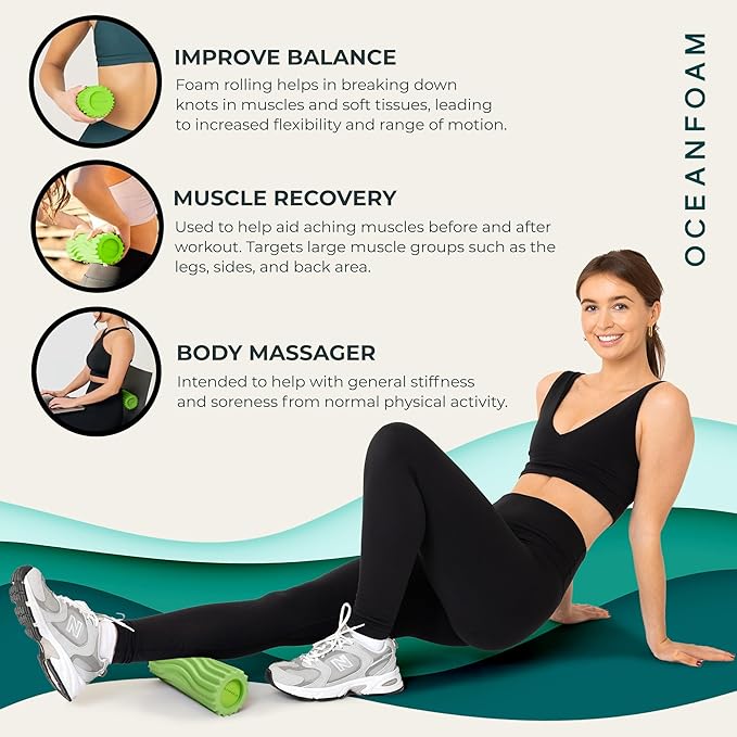 Oceanfoam Ripple Travel Foam Roller (11" x 3.35") Firm Mini Foam Roller for Physical Therapy, Deep Tissue Massage, Back Pain - High Density, Ergonomic Wave Textured - Yoga, Exercise (Algae Green)