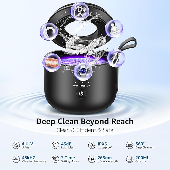 Ultrasonic Retainer Cleaner Machine: 48kHz Rechargeable Cordless Denture Cleaner - Waterproof Ultrasonic Jewelry Cleaner - 200ML Dental Cleaning Pod for Mouth Guard, Aligner