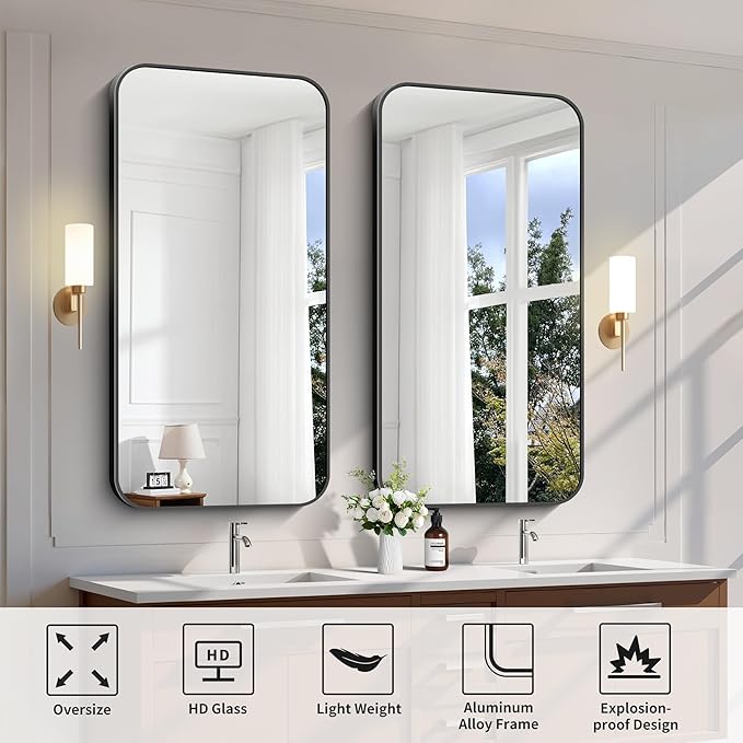 FORBATH Bathroom Mirror 48" x 24", Rectangle Black Narrow Bathroom Mirror with Black Aluminum Frame Rounded Corner, Wall Mounted Mirror for Bedroom Entryway Living Room-StrideForce Fitness