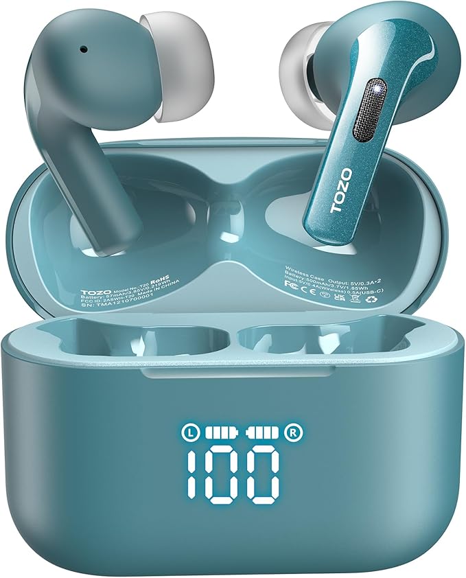 TOZO T20 Wireless Earbuds Bluetooth Headphones 48.5 Hrs Playtime with LED Digital Display, IPX8 Waterproof, Dual Mic Call Noise Cancelling 10mm Broad Range Speakers with Wireless Charging Case Green-StrideForce Fitness