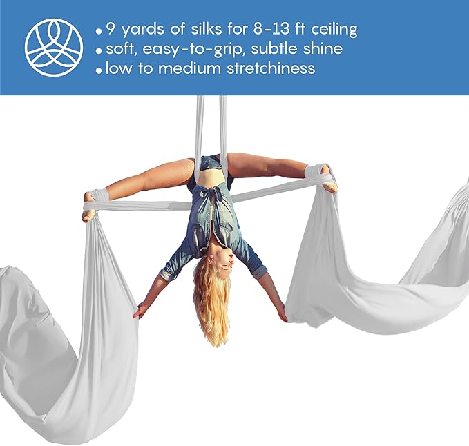 Aerial Silks Starter Kit - Durable 9 Yards of Aerial Yoga Hammock with Hardware & Guide - Aerial Swing for Acrobatic Flying Yoga & All Levels (Aerial Rigging Point Up to 13ft)-StrideForce Fitness