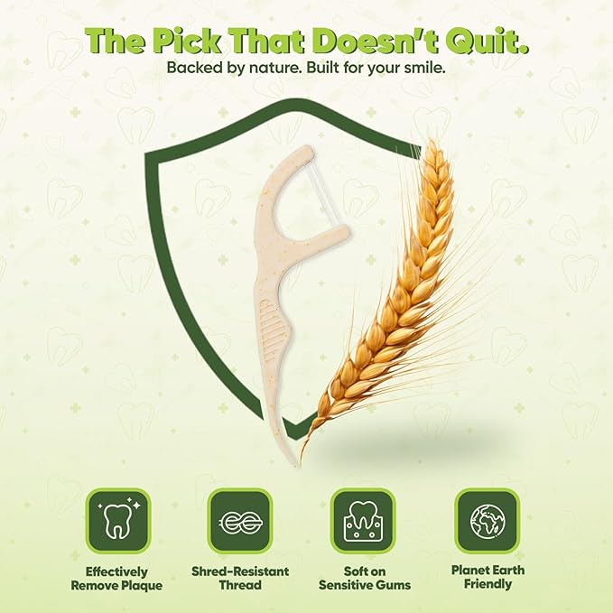 Biodegradable Dual Thread Floss Picks - Natural Straw Wheat Handle | Tight Gap Dental Flossers for Adults | Gentle on Gums & Teeth | Eco Friendly, Vegan, Natural (200 Pack, Mint)