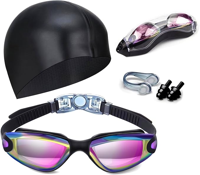 Swim Goggles Swimming Goggles No Leaking with Nose Clip, Earplugs, Swim Cap and Case for Men Women-StrideForce Fitness