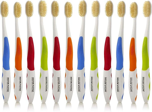MOUTHWATCHERS Soft Flossing Toothbrushes for Adults, Bulk Pack of 12, Ultra Clean Manual Toothbrush Set for Sensitive Teeth & Gums, by Dr. Plotka, Assorted Colors
