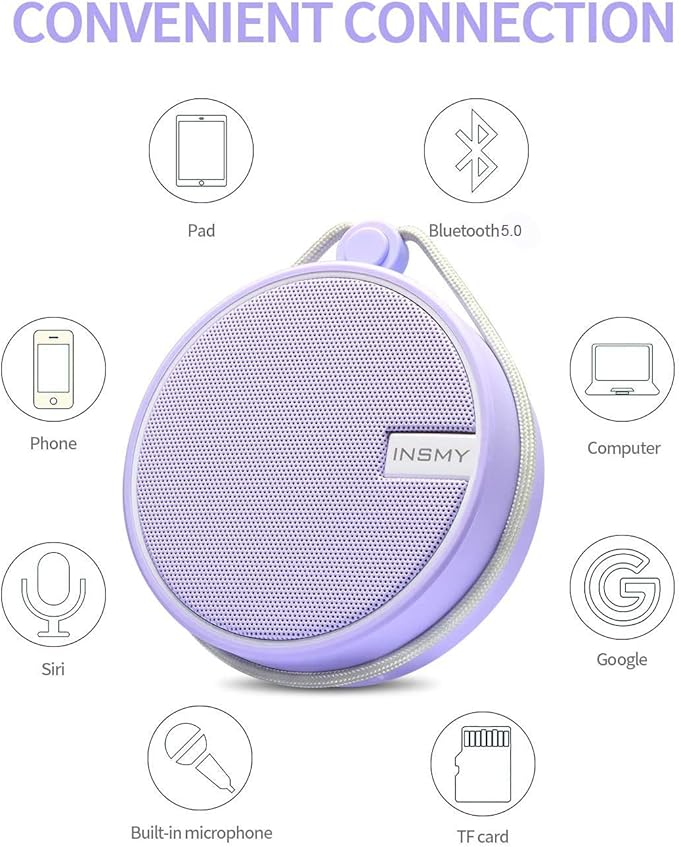INSMY C12 IPX7 Waterproof Shower Bluetooth Speaker, Portable Small Speaker, Speakers Bluetooth Wireless Loud Clear Sound Support TF Card Suction Cup for Kayak Canoe Beach Gift (Purple)-StrideForce Fitness