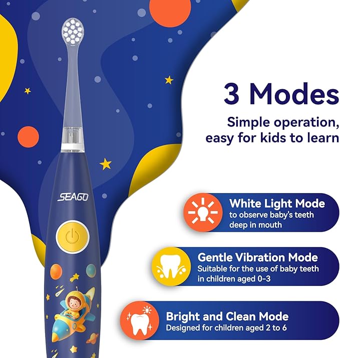 SEAGO Kids Electric Toothbrush Rechargeable with Smart Timer, LED Observing Light & DIY Stickers for Toddlers Ages 2-4, Soft Bristles for Oral Care, USB Charging (Blue)