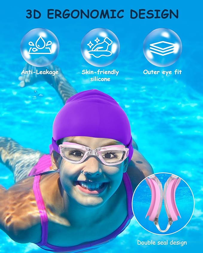 Kids Swim Goggles, Swimming Goggles for Kids Toddlers 3-14 with Swim Cap, Nose Clip, Nose Bridge, Ear Plugs-StrideForce Fitness
