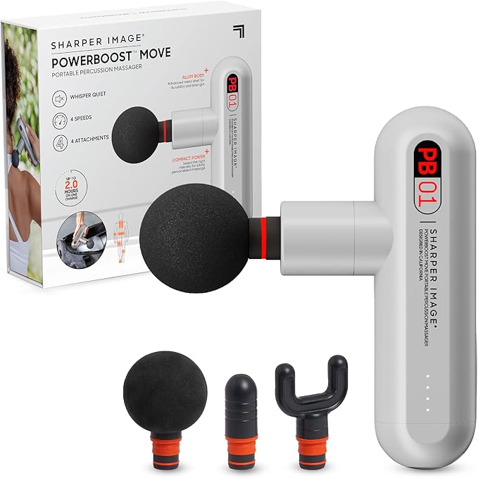 Sharper Image Powerboost Move - Mini Percussion Massage Gun| 4 Attachments, 4 Speeds| Full Body Back & Shoulder Massager| Muscle Recovery & Pain Relief| Deep Tissue Massage Tool| Wellness Gift