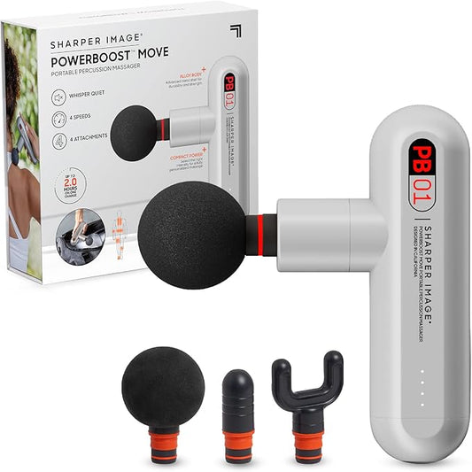 Sharper Image Powerboost Move - Mini Percussion Massage Gun| 4 Attachments, 4 Speeds| Full Body Back & Shoulder Massager| Muscle Recovery & Pain Relief| Deep Tissue Massage Tool| Wellness Gift