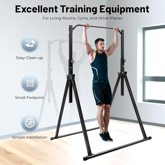 Foldable Power Tower Pull Up Bar Dip Station, 200kg/440.92lbs Triangular Pull Up Bar Station Adjustable, Multi-Function Strength Training Fitness Equipment for Home Gym-StrideForce Fitness