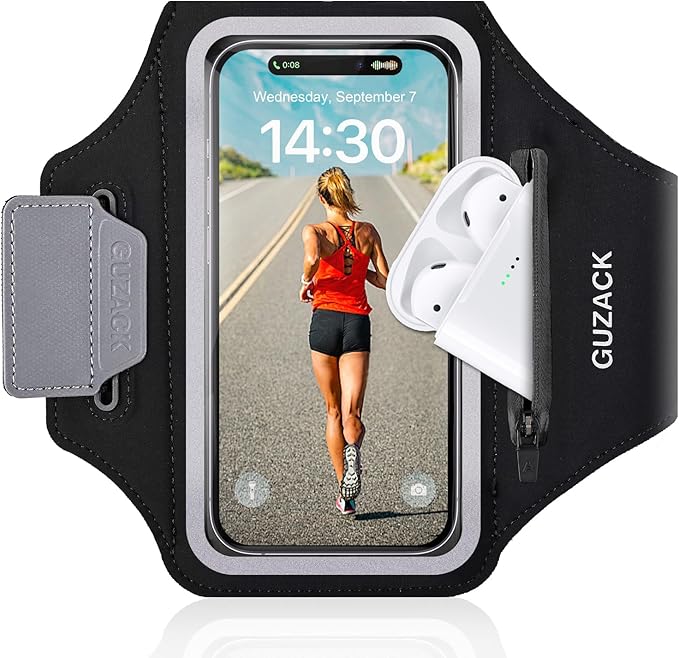 GUZACK Running Phone Holder with Zipper Pouch, Running Armband for iPhone 16 Pro/15/14/13/12/11 Pro Max/Plus/XR/XS, Galaxy S25/S24/S23/S22, Cell Phone Arm Holder with Card Slot - Size S-StrideForce Fitness