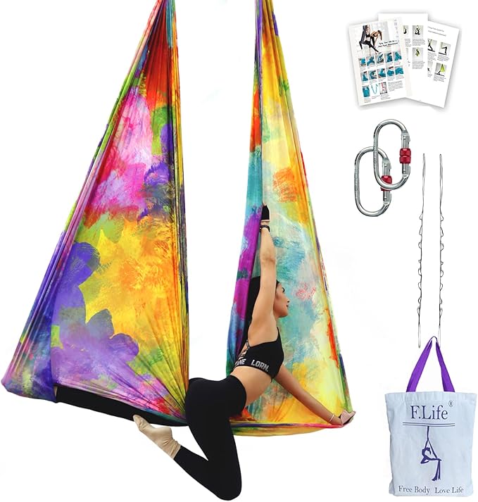 F.Life Aerial Yoga Hammock kit- Yoga Swing Multicolor 5 yards-Flying Yoga Include Daisy Chain,Carabiner and Pose Guide-StrideForce Fitness