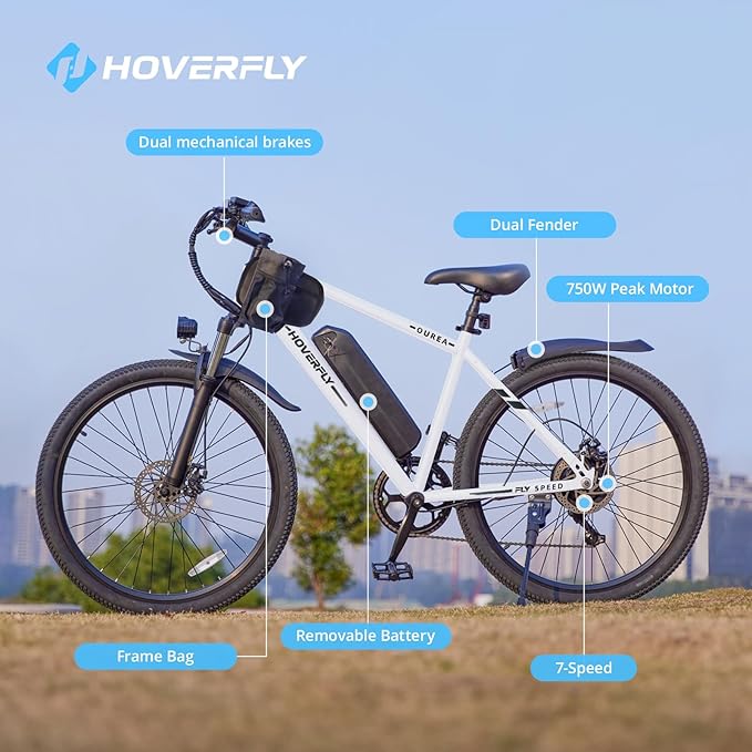 HOVERFLY OUREA 26" Electric Bike for Adults, 750W Peak Motor Mountain Ebike, 20MPH Up to 40 Miles, UL2849 Certified, 7-Speed, Removable Battery, Shock Absorber, Fat Tire Commuter E-Bike-StrideForce Fitness