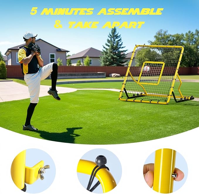 Baseball Rebounder Net,4x4.5FT Multi-Sport Pitch Back Rebounder Steel Frame with 4 Adjustable Angles, 40pcs Bungees Soccer, Volleyball&Lacrosse Trainer for Solo Fielding,Pitching and Reflex Training-StrideForce Fitness