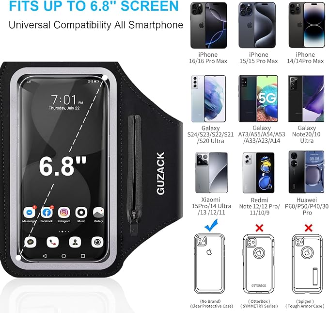 GUZACK Running Phone Holder with Zipper Pouch, Running Armband for iPhone 16/15/14/13/12/11 Pro Max/Plus, Galaxy S25/S24/S23/S22, Cell Phone Arm Holder with Card Slot - Size L (Bigger Arm 14-17 in)-StrideForce Fitness