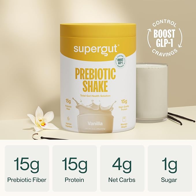 Supergut GLP-1 Boosting Prebiotic Shakes, Vanilla – Gut Healthy Meal Replacement with 15g Fiber, 15g Protein & 5g Net Carbs - Keto Friendly - 8 Servings-StrideForce Fitness