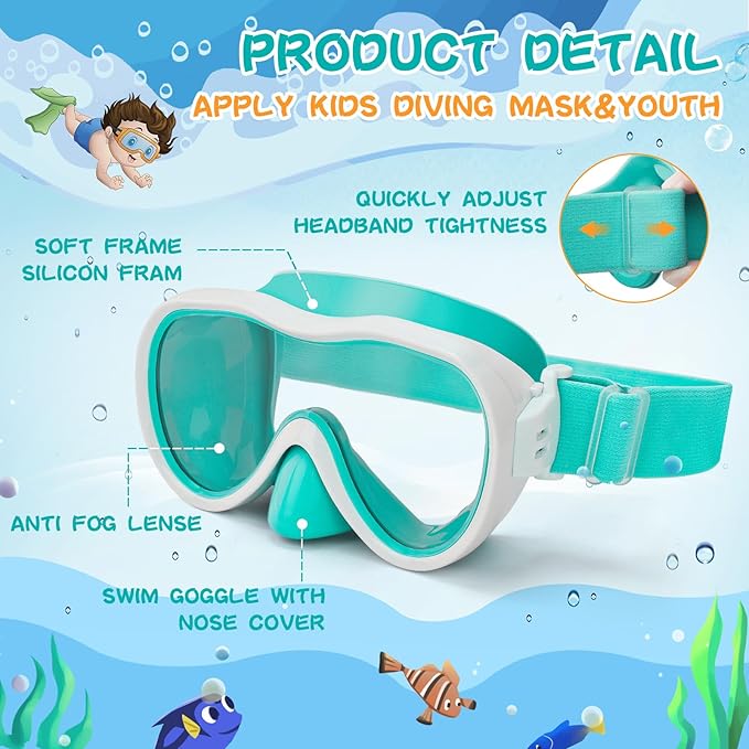 Kids Swim Goggles 180° Snorkel Diving Mask with Nose Cover, Anti-Fog Kids Swimming Goggles with Elastic Fabric Strap for Kids Boys Girls-StrideForce Fitness