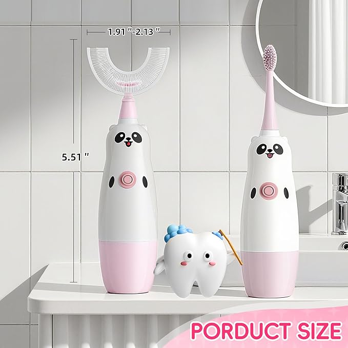 Kids U-Shaped Electric Toothbrush with 2 Brush Heads, Toddlers Sonic with 360 Degree Cleaning, Soft Bristles, Battery Included, IPX7 Waterproof, Cute cartoon for Girls and Boys,Ages 2-7 (Pink)