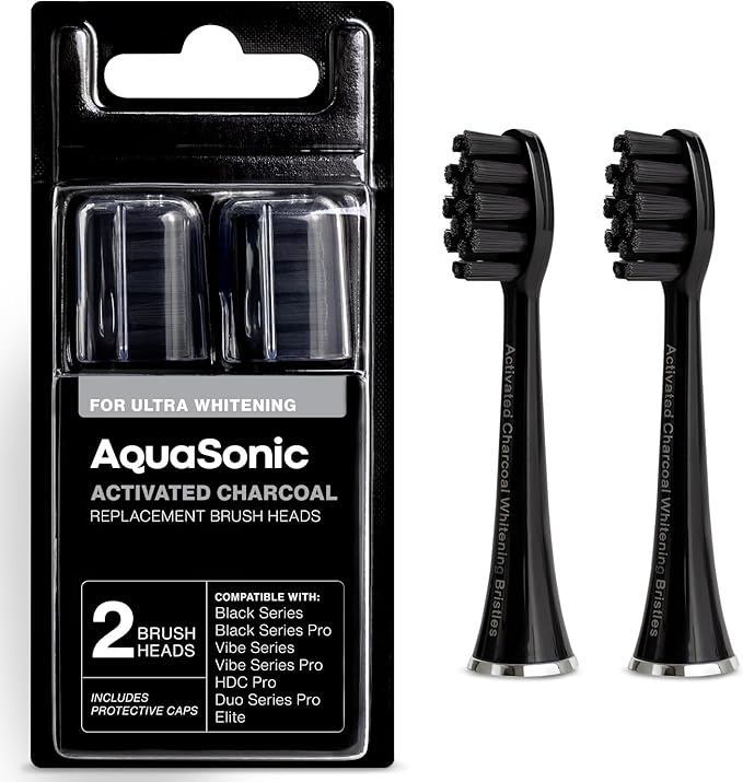 AquaSonic Genuine 2-Pack Activated Charcoal Brush Heads - Ultra Whitening Brush Heads - 2X Whitening & Stain Remover - for Black Series & Pro, Vibe Series, Duo Pro Series (Black)