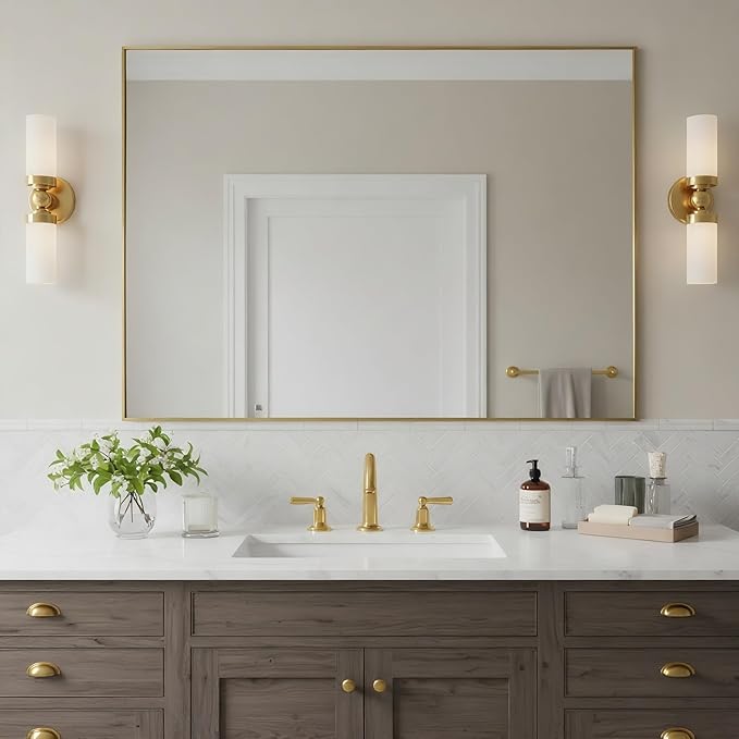 30x40 Inch Brass Bathroom Mirror for Wall, Aluminum Frame Rectangle Rectangular Vanity Mirror, Modern Large for Bedroom, Living Room, Horizontal or Vertical-StrideForce Fitness