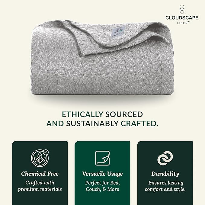 Cloud Scape Linen 100% Cotton Blanket King Size for Bed – Lightweight Summer Blanket, Herringbone Weave,fits California King Size Bed, 92x108,Light Grey-StrideForce Fitness
