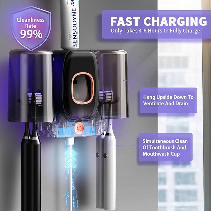 Toothbrush Holders for Bathrooms, Wekity Automatic Toothpaste Dispenser Space Saving Toothbrush and Toothpaste Holder，Toothbrush Holder Wall Mounted with 2 Cups for Bathroom (Black)…