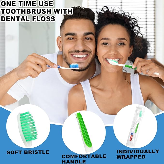 HAIFOTRVA Disposable Toothbrushes with Toothpaste and Floss,50pcs Single Use Individually Wrapped Disposable Travel Toothbrushes and Dental Floss Kit Bulk for Homeless,Airbnb,Dentist,Hotel(5 Colors)